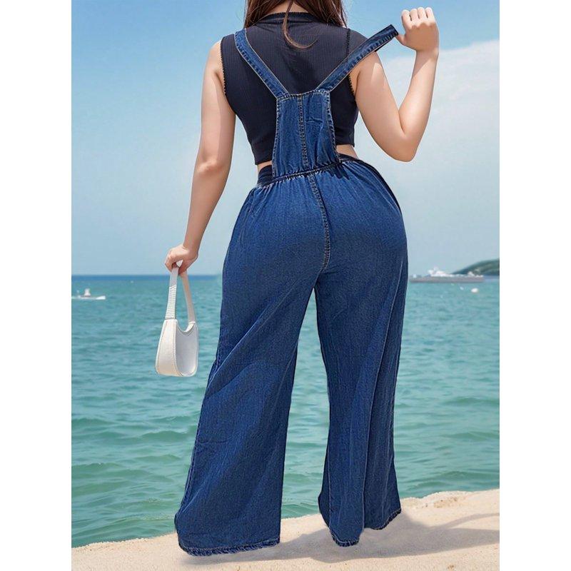 Women Casual Loose Fit Classic Adjustable Strap Denim Distressed Denim Overalls Jumpsuit With Practical Large Pockets Loose Fit Breathable Cotton For Beach Casual Daily Wear