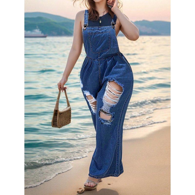Women Casual Loose Fit Classic Adjustable Strap Denim Distressed Denim Overalls Jumpsuit With Practical Large Pockets Loose Fit Breathable Cotton for Beach Casual Daily Wear