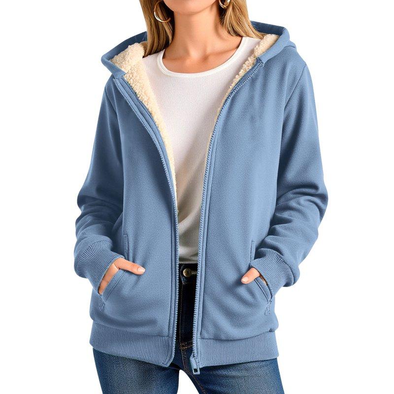 Women Fleece Coat Winter Warm Casual Long Sleeve Hooded Solid Sweatshirt Plus Size Winter Cardigan Pockets Plush Hooded Jacket