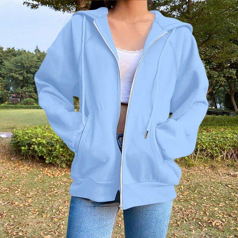 Women Hoodied Blouse Long Sleeve Tops Sweatshirt Pockets Plus Size Zip Up Drawstring Solid Long Sleeve Hoodies Sweatshirts