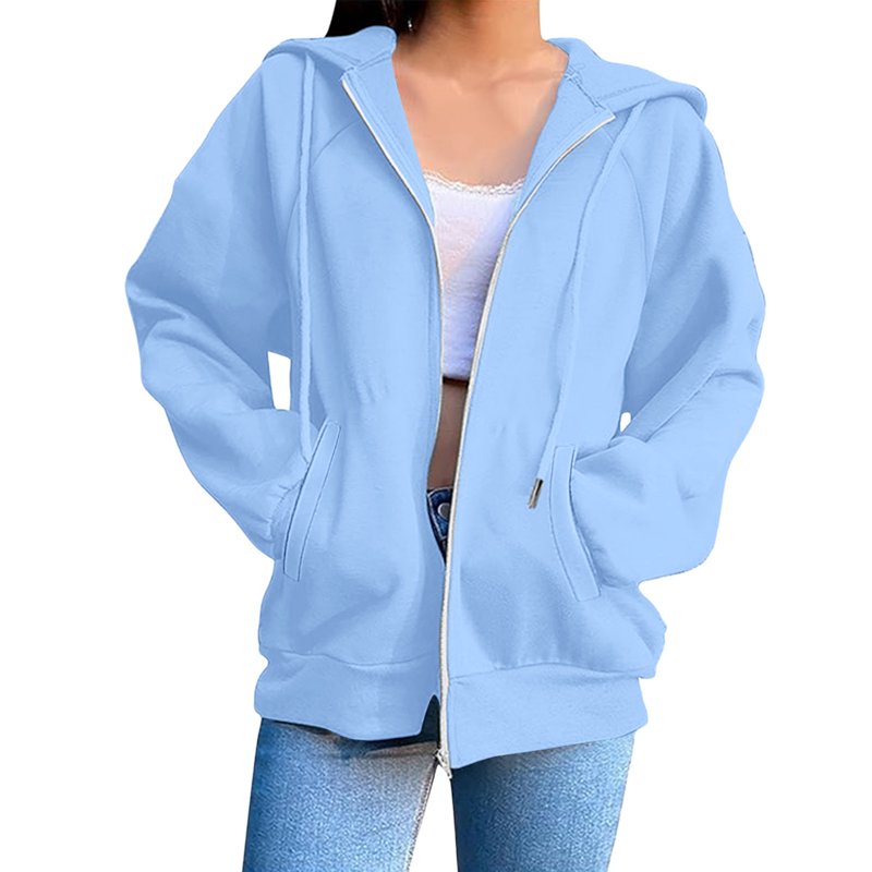 Women Hoodied Blouse Long Sleeve Tops Sweatshirt Pockets Plus Size Zip Up Drawstring Solid Long Sleeve Hoodies Sweatshirts