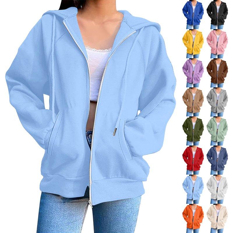 Women Hoodied Blouse Long Sleeve Tops Sweatshirt Pockets Plus Size Zip up Drawstring Solid Long Sleeve Hoodies Sweatshirts