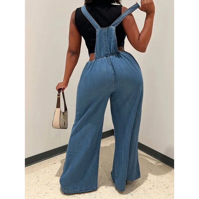 Women Long Denim Jumpsuit Baggy Denim Bib Overalls Straight Leg Coveralls Jean Jumpsuit Adjustable Comfortable Soft Fabric Casual Jumpsuit Perfect For Everyday Wear Versatile