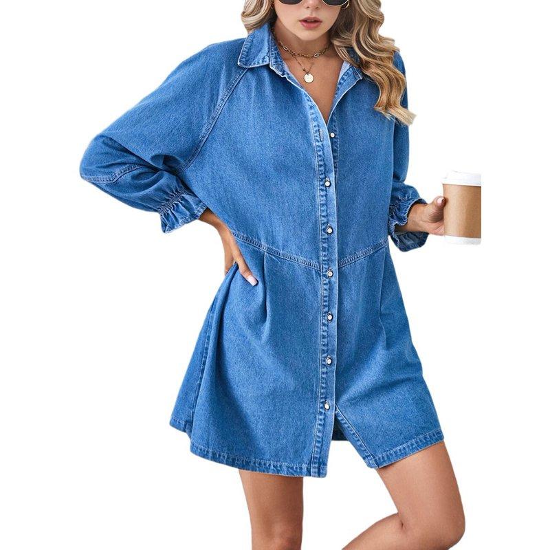 Women'S Button Down Denim Shirt Dress Lantern Long Sleeve Tiered Baydoll Jean Mini Dress Light Blue L