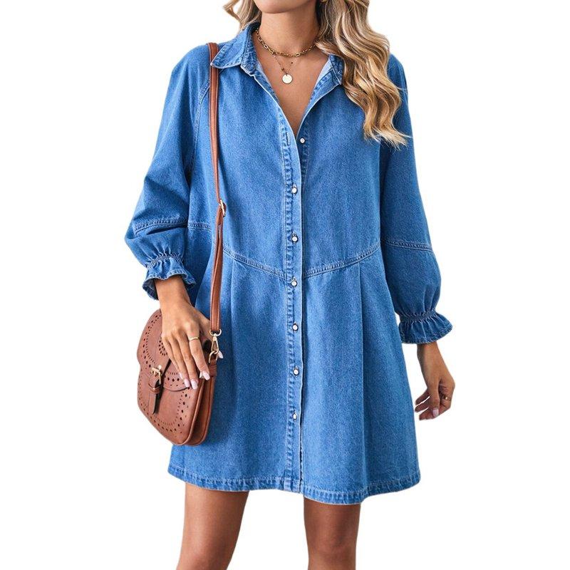 Women'S Button Down Denim Shirt Dress Lantern Long Sleeve Tiered Baydoll Jean Mini Dress Light Blue L Women'S Button Down Denim Shirt Dress Lantern Long Sleeve Tiered Baydoll Jean Mini Dress Light Blue L