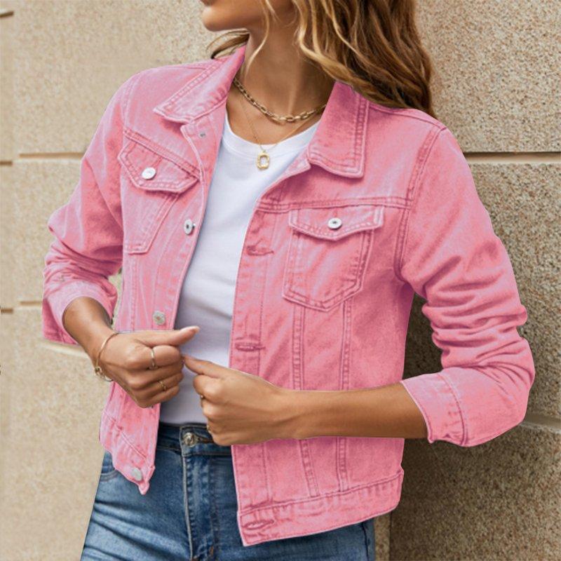 Women's Denim Jackets Clearance 2024 Women's Basic Solid Color Button Down Denim Cotton Jacket With Pockets Denim Jacket Coat