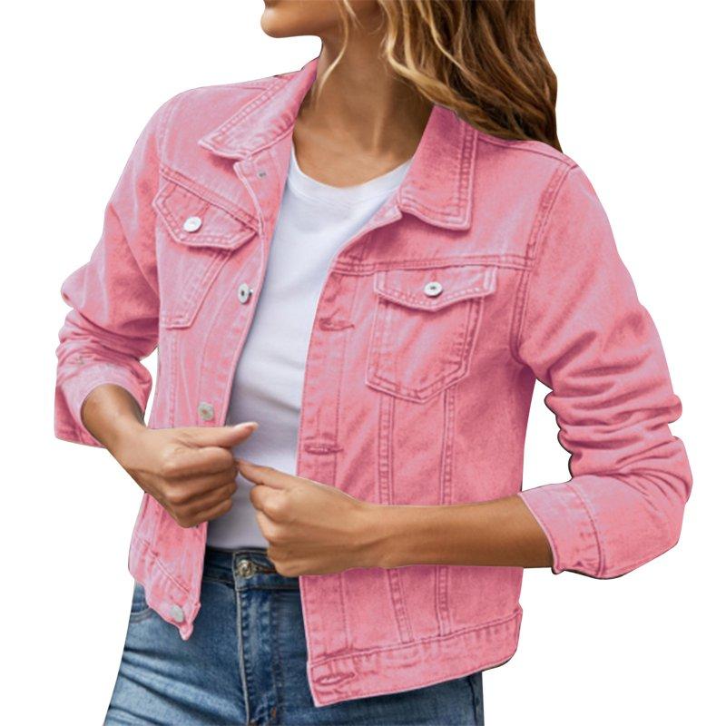 Women's Denim Jackets Clearance 2024 Women's Basic Solid Color Button Down Denim Cotton Jacket With Pockets Denim Jacket Coat
