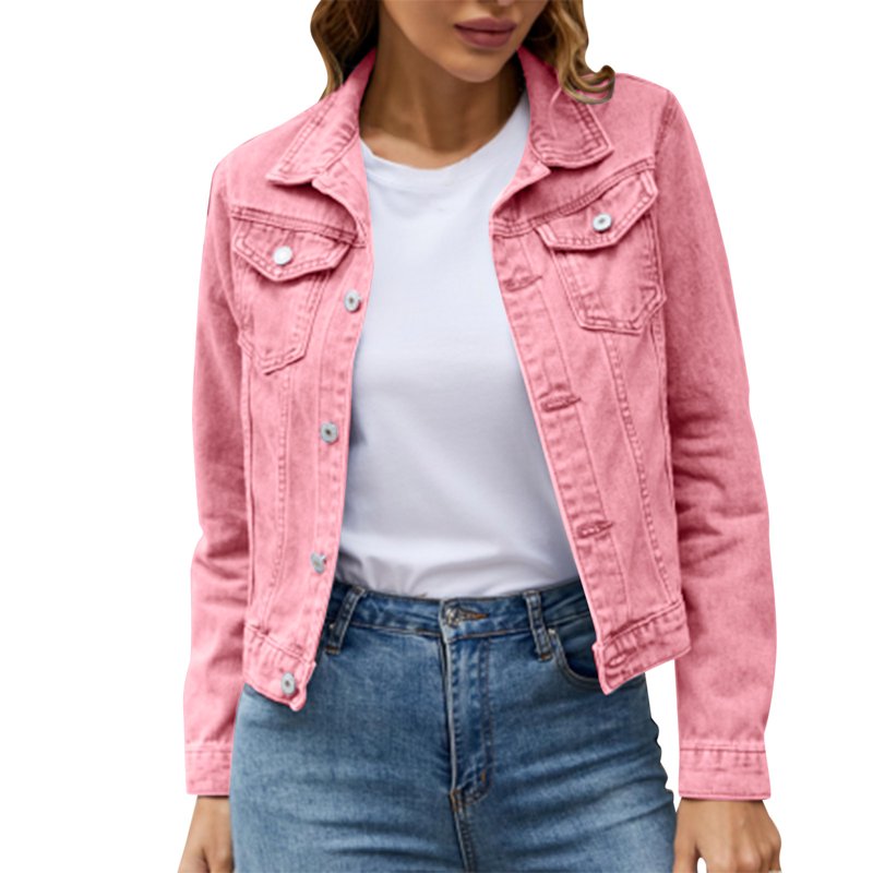 Women's Denim Jackets Clearance 2024 Women's Basic Solid Color Button Down Denim Cotton Jacket With Pockets Denim Jacket Coat