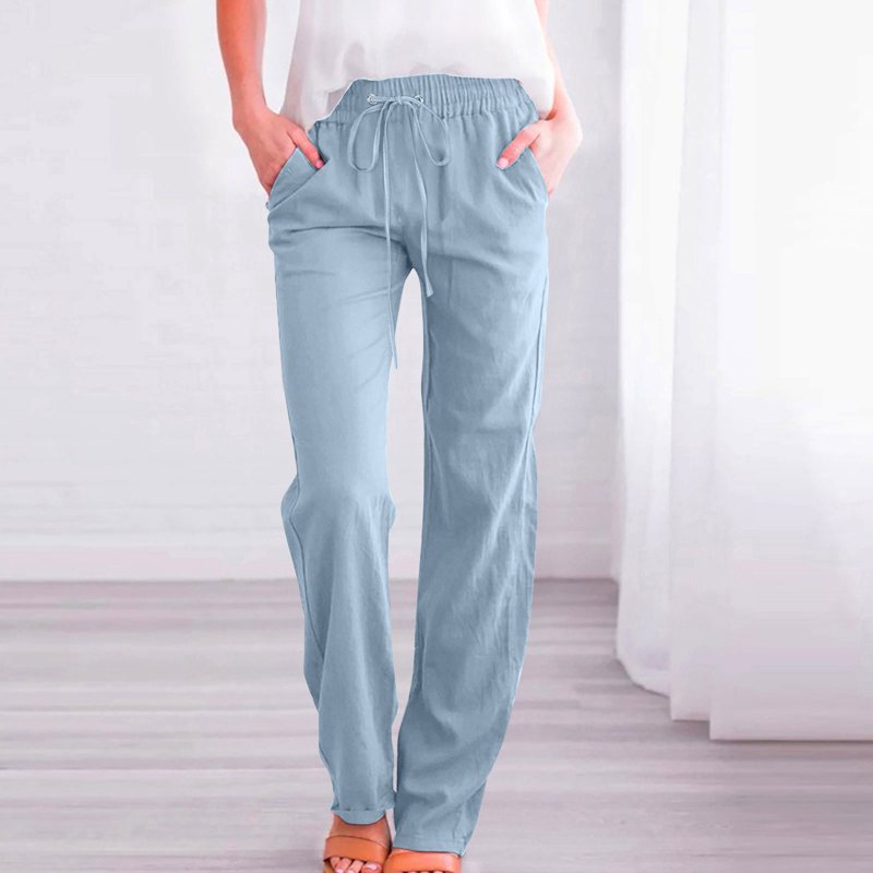 Women's Jeans Solid Color Drawstring Cotton Linen Casual Loose Wide Leg Straight Trousers Light Blue Denim Pants S