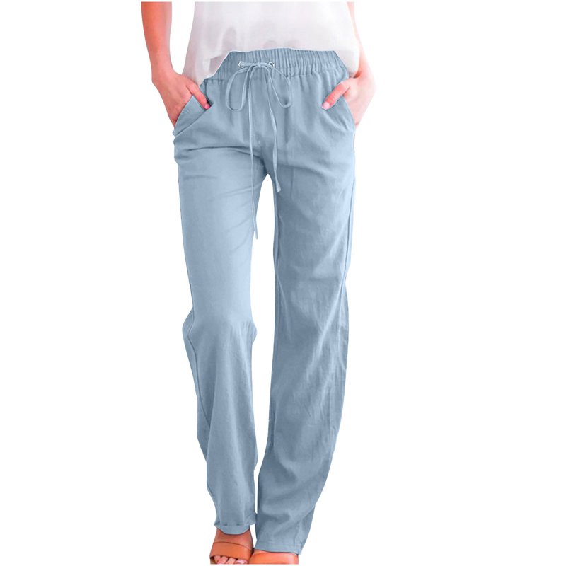 Women's Jeans Solid Color Drawstring Cotton Linen Casual Loose Wide Leg Straight Trousers Light Blue Denim Pants S