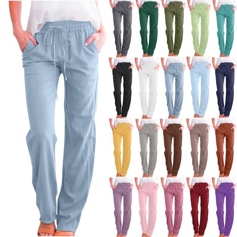 Women's Jeans Solid Color Drawstring Cotton Linen Casual Loose Wide Leg Straight Trousers Light Blue Denim Pants S