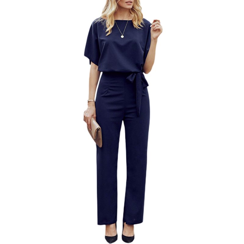 Women's Short Sleeve Jumpsuits And Rompers Casual Wide Leg Tie Waist One Piece Summer Overalls Outfit