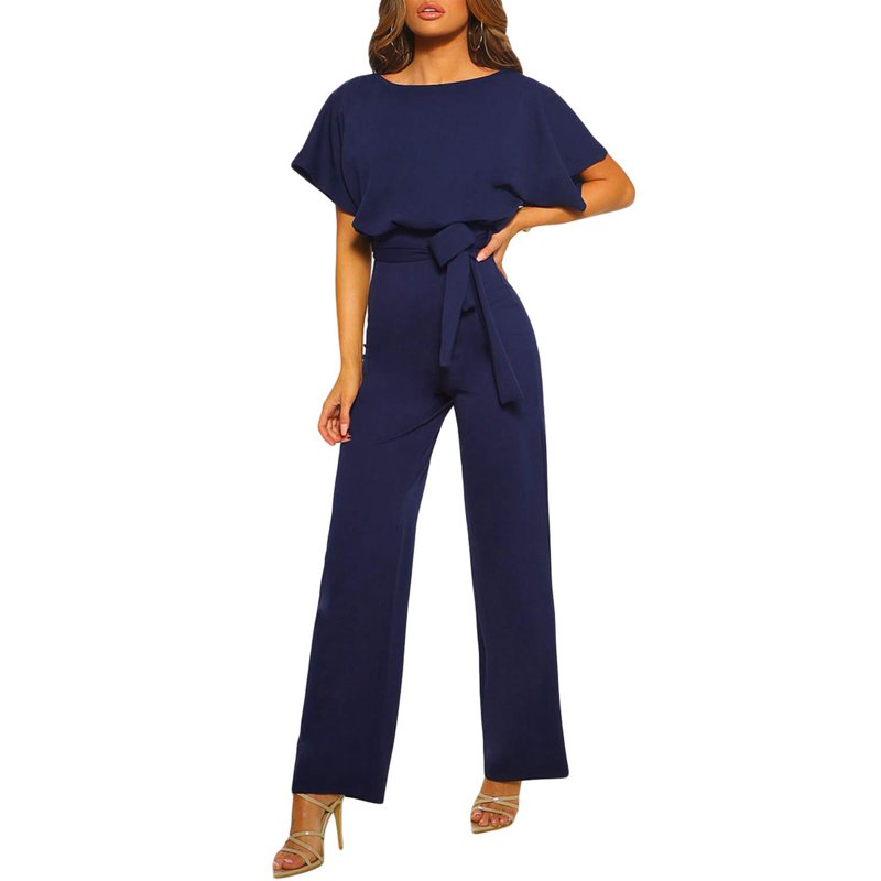 Women's Short Sleeve Jumpsuits And Rompers Casual Wide Leg Tie Waist One Piece Summer Overalls Outfit
