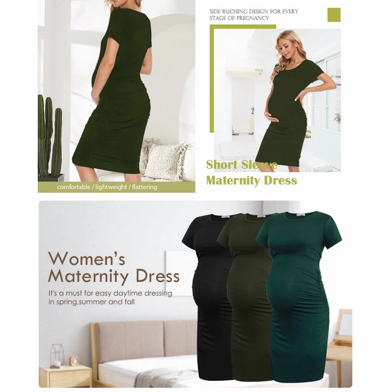 Women's Short Sleeve Maternity Dress Clothes Ruched Pregnancy Bodycon Dress