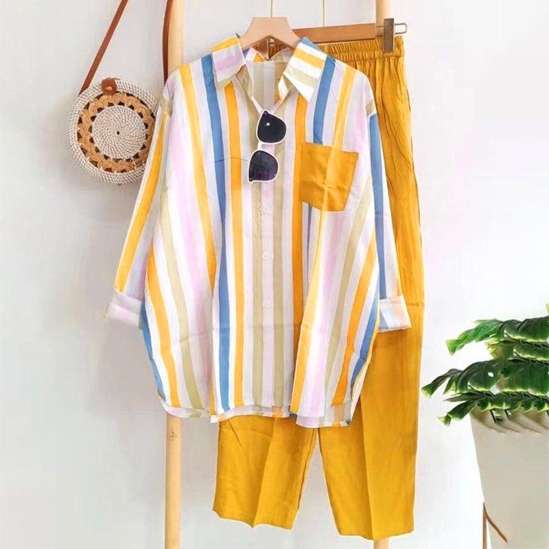 Womens 2 Piece Outfits Casual Stripes Long Sleeve Button Down Shirts And Wide Leg Pants Matching Sets Tracksuits Yellow