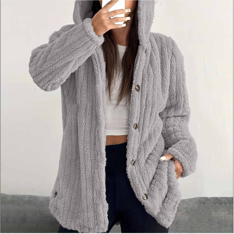 Womens Coat Plus Size Women's Winter Long Sleeved Hooded Warm Jacket Solid Color Button Top Jacket Beige_L
