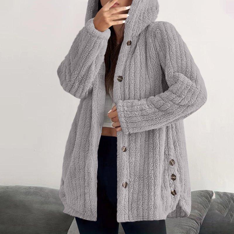 Womens Coat Plus Size Women's Winter Long Sleeved Hooded Warm Jacket Solid Color Button Top Jacket Beige_L