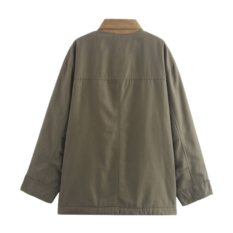 Womens Oversized Barn Jacket Button Down Canvas Jacket Corduroy Lapel Collar (Green M)