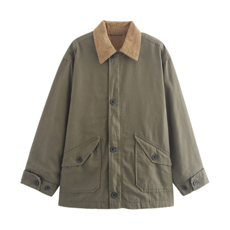Womens Oversized Barn Jacket Button Down Canvas Jacket Corduroy Lapel Collar (Green M)