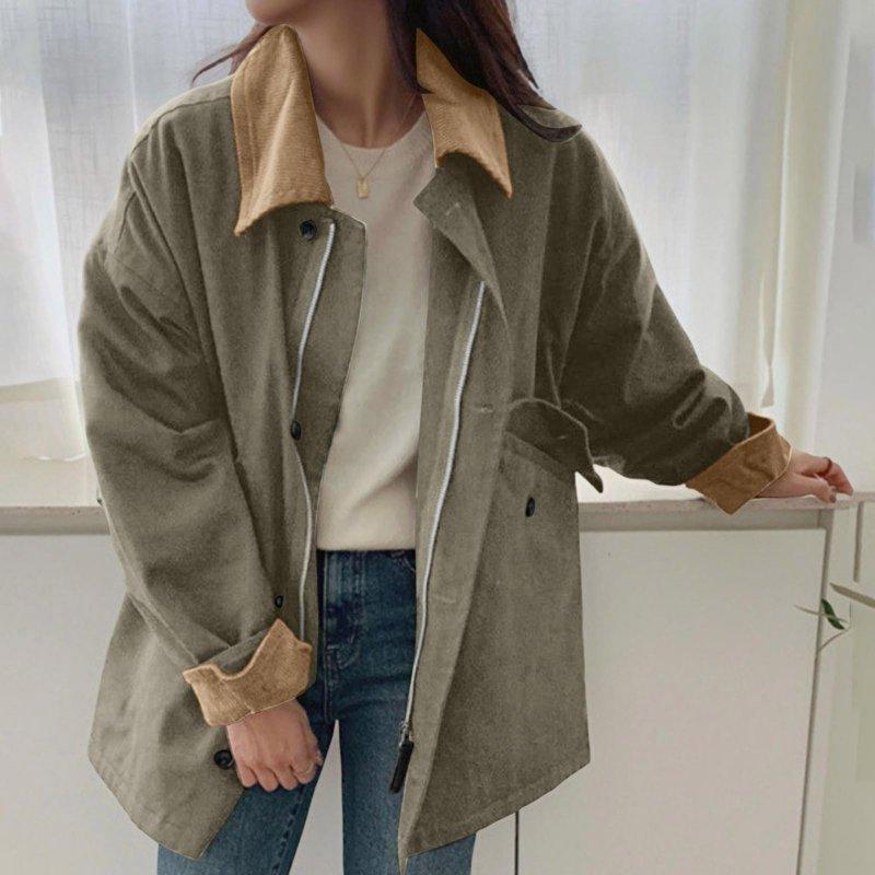 Womens Oversized Barn Jacket Button Down Canvas Jacket Corduroy Lapel Collar (Green M)