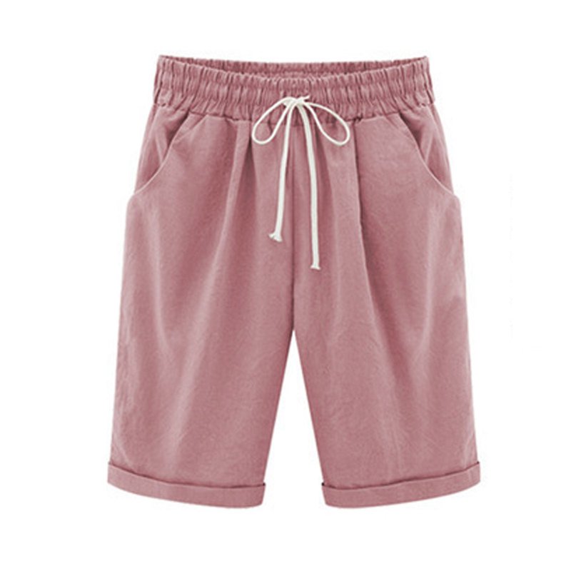 Womens Shorts Summer 2024 Plus Size Solid Five Points Large Size Cotton Linen Shorts With Pockets Casual Pants On Clearance Pink_S