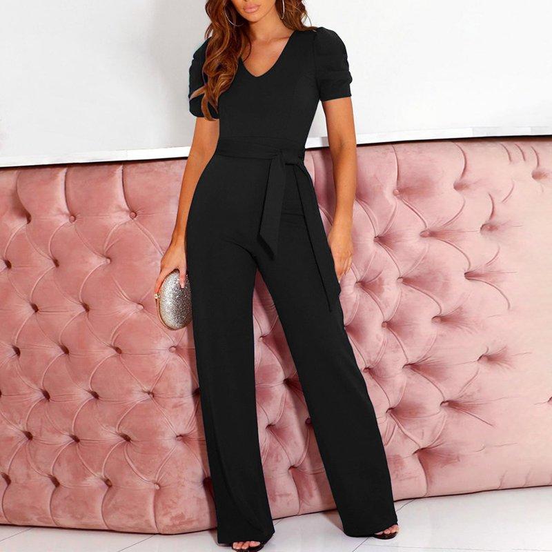 Womens Spring Outfits Clearance Deals Women's Elegant Jumpsuit V Neck Long Jumpsuit Trouser Suit Playsuit Romper Jumpsuits For Women Casual Dressy Rompers For Women Black XL