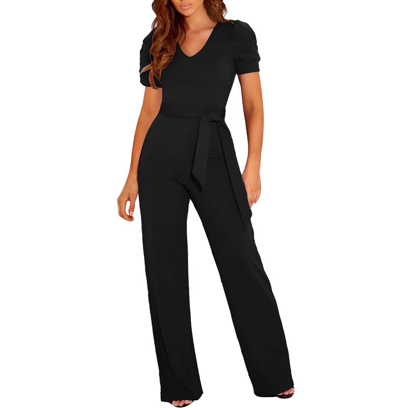 Womens Spring Outfits Clearance Deals Women's Elegant Jumpsuit V Neck Long Jumpsuit Trouser Suit Playsuit Romper Jumpsuits for Women Casual Dressy Rompers for Women Black XL