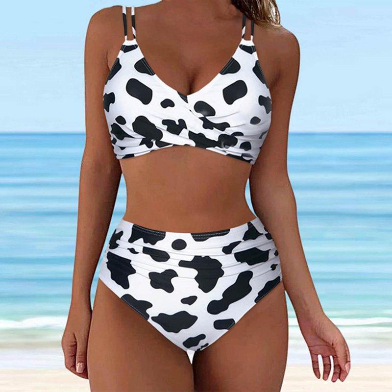 Womens Two Piece Swimsuits Wrap Front Bikini High Waisted Bottom Tummy Control Bathing Suits Vintage Print Swimwear White 2XL