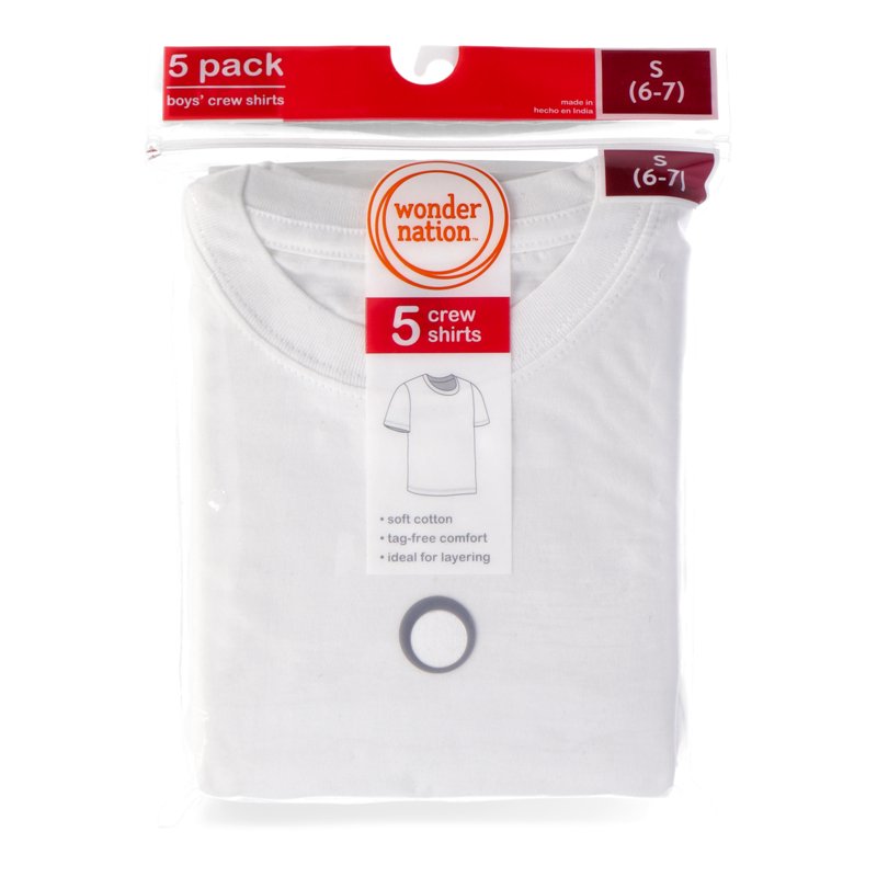 Wonder Nation Boys Cotton Crewneck Undershirt 5-Pack Sizes 6-18 & Husky