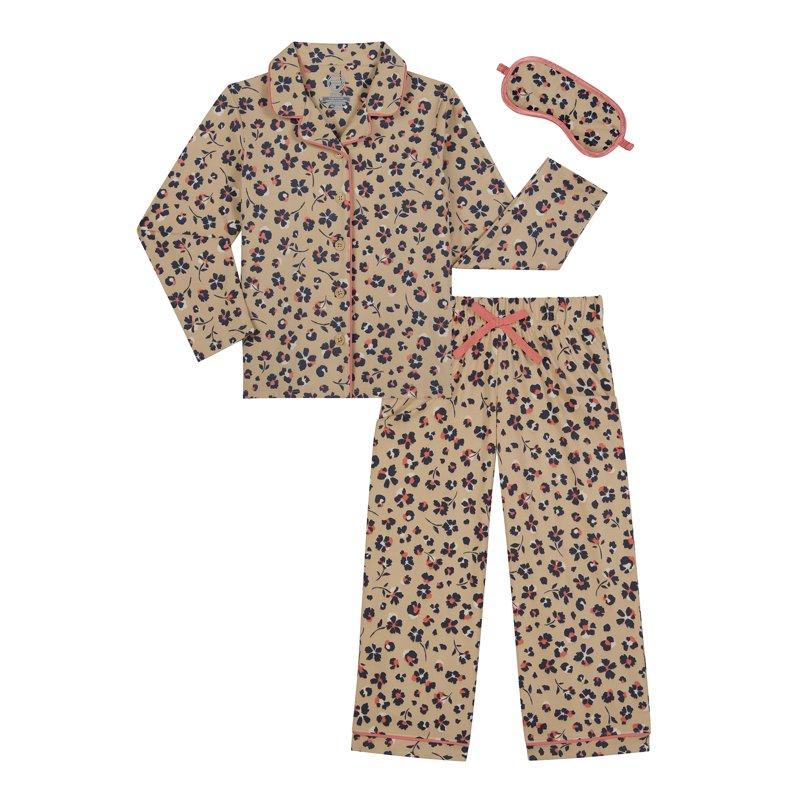 Wonder Nation Girls Button Front Long Sleeve Top & Pant Pajama Set with an Eyemask 3-Piece Sizes 4-18 & Plus
