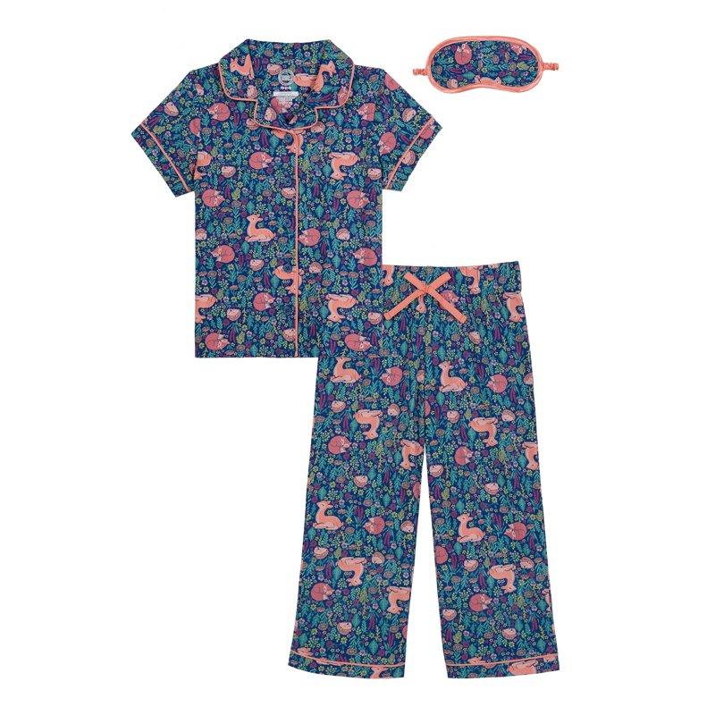 Wonder Nation Girls Button Front Short Sleeve Top & Pant Pajama Set with an Eyemask 3-Piece Sizes 4-18 & Plus