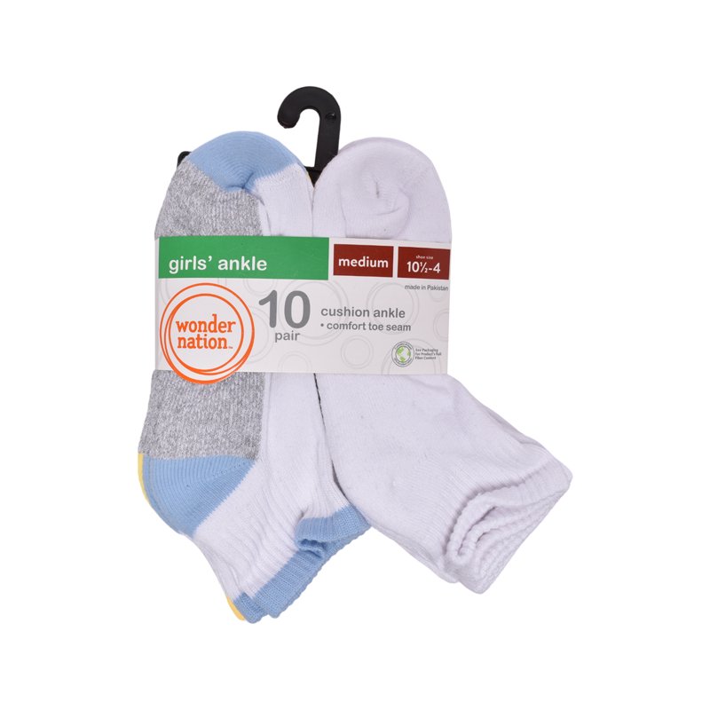 Wonder Nation Girls Cushioned Ankle Socks 10-Pack