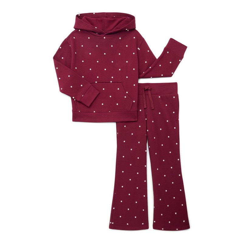 Wonder Nation Girls Graphic Hoodie and Flare Pants Fleece Set 2-Piece Sizes 4-18 & Plus