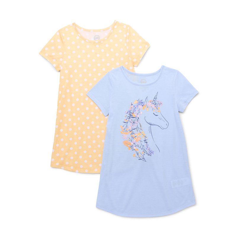 Wonder Nation Girls Graphic Print Sleep Dress with Short Sleeves 2-Pack Sizes 4-18 & Plus