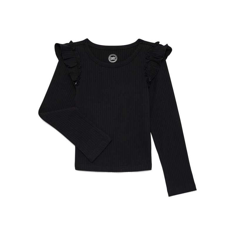 Wonder Nation Girls Long Sleeve Ruffle Shoulder Tee Sizes 4-18 & Plus