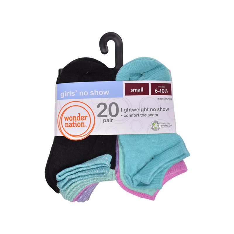 Wonder Nation Girls No Show Socks 20-Pack Sizes S-L