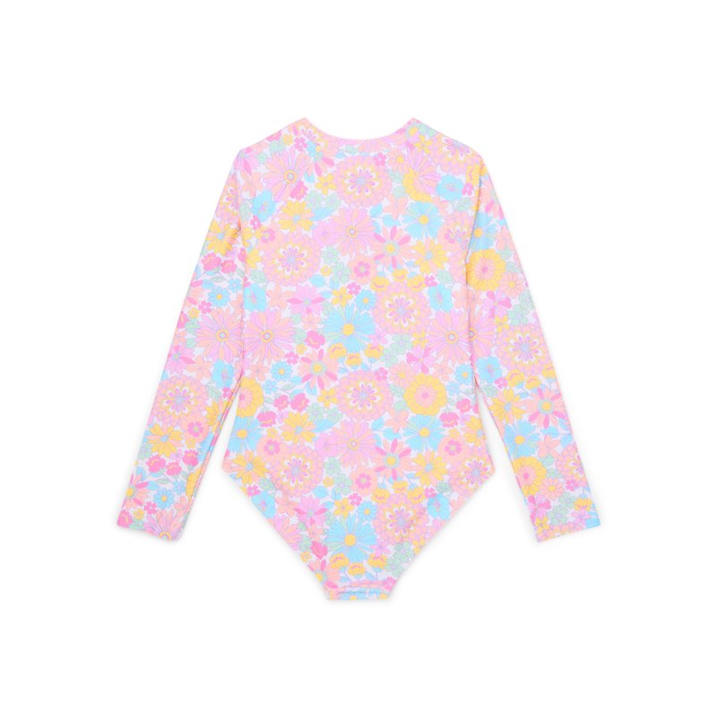 Wonder Nation Girls Printed Zip Rash Guard One-Piece Swimsuit With UPF50+ Sizes 4-18 & Plus