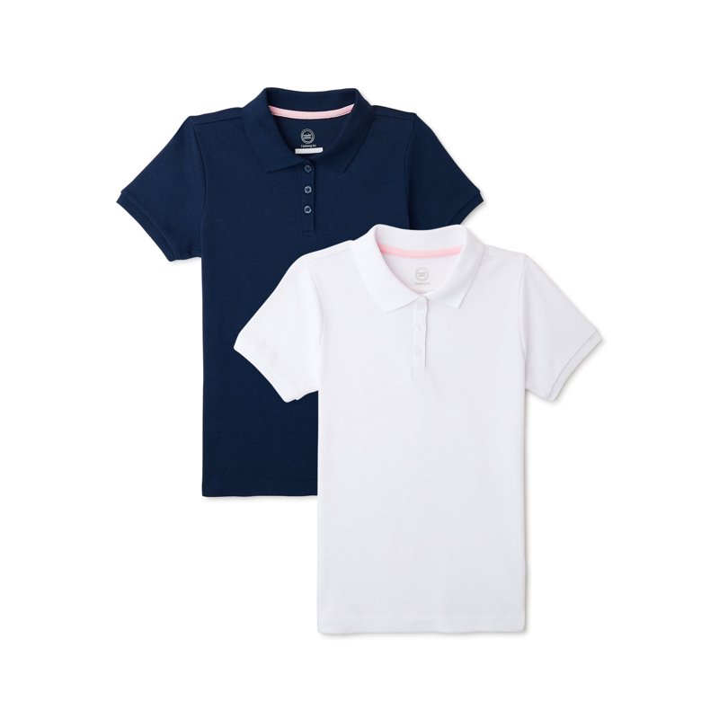 Wonder Nation Girls School Uniform Interlock Short Sleeve Polo Shirt 2-Pack Sizes 4-18 & 10-16 Plus