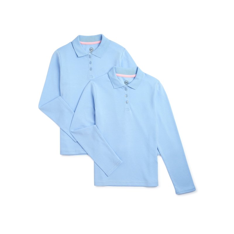 Wonder Nation Girls School Uniform Long Sleeve Interlock Polo Shirt 2-Pack Sizes 4-18 & 10-16 Plus