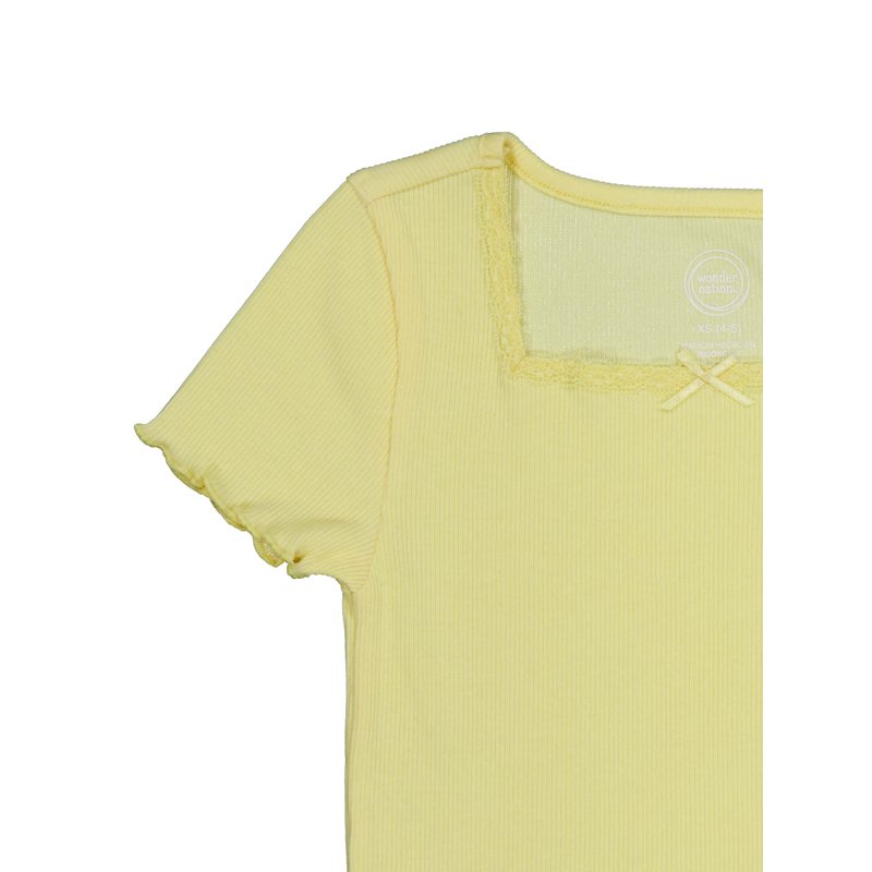 Wonder Nation Girls Short Sleeve Square Neck Bow Top Sizes 4-18 & Plus