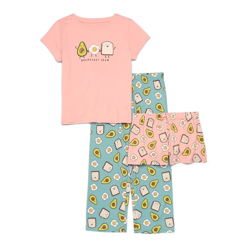 Wonder Nation Girls Short Sleeve Top with Shorts and Pants Pajama Set 3-Piece Sizes 4-18 Plus
