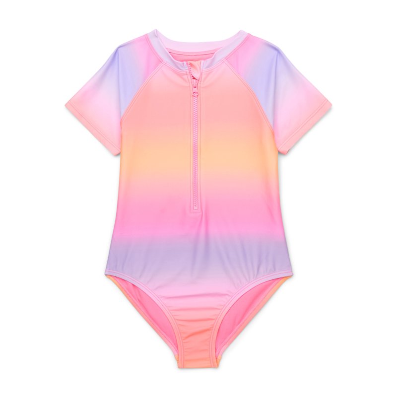 Wonder Nation Girls Short Sleeve Zip-Up Rash Guard One-Piece Swimsuit with UPF 50 Sizes 4-18 & Plus