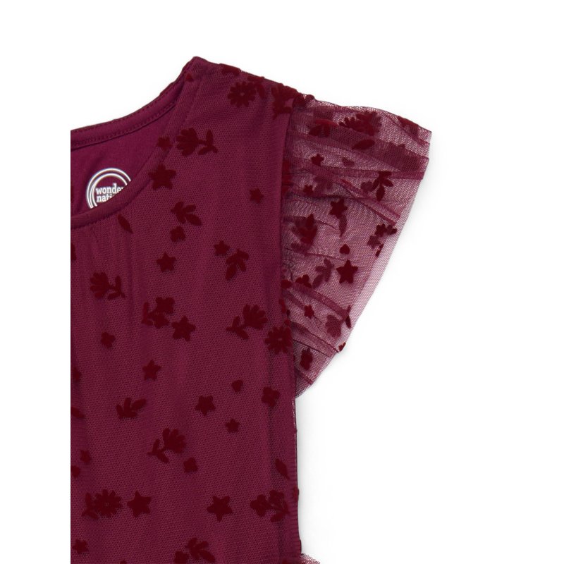 Wonder Nation Girls Tulle Floral Print Dress With Flutter Sleeves Sizes 4-18 & Plus