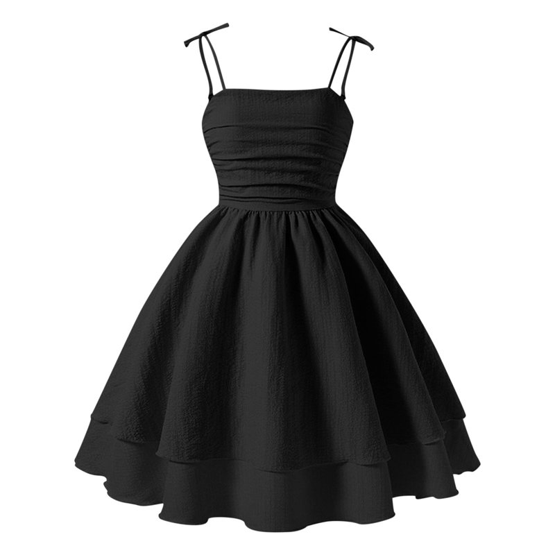 Xdegoge Girls formal Dress Ruched A Line Swing Teen Dresses Layered Tie Shoulder Flowy formal Dresses Party Holiday Wedding Flower Girl Dress Black 10-12 Vestidos De Verano Para Niña