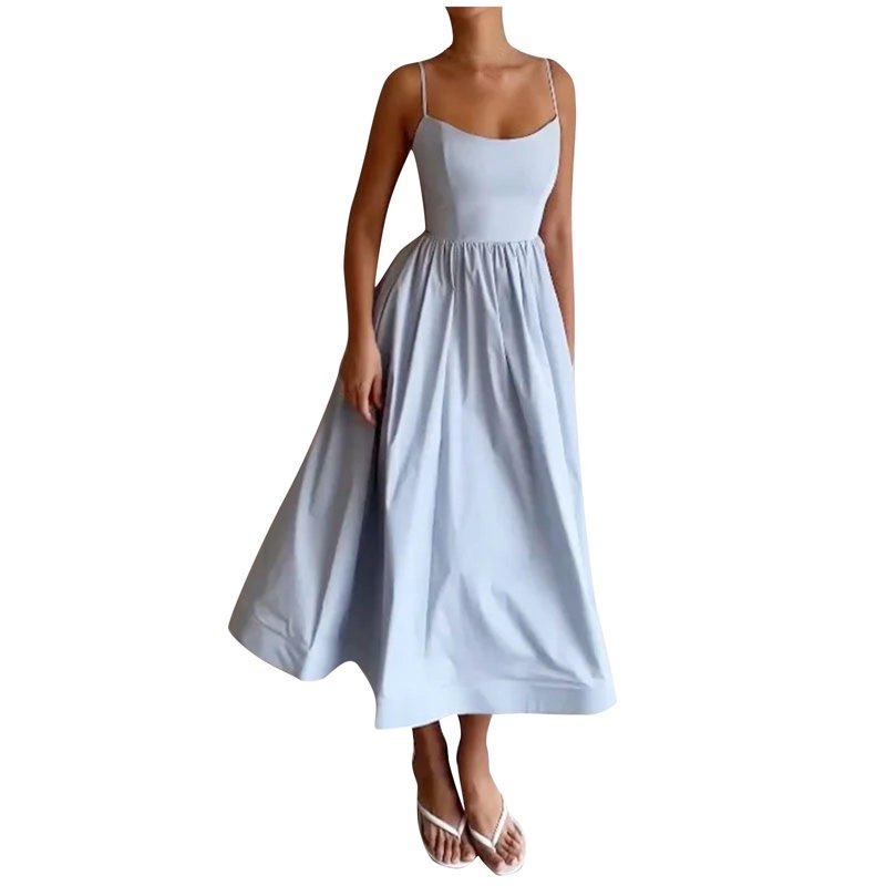 Xqxayjr Summer Spring High Waist Aline Swing Maxi Long Swing Pleated Dresses For Women Homecoming Dresses Casual Spaghetti Strap Scoop Neck Boho White Dresses Clothes