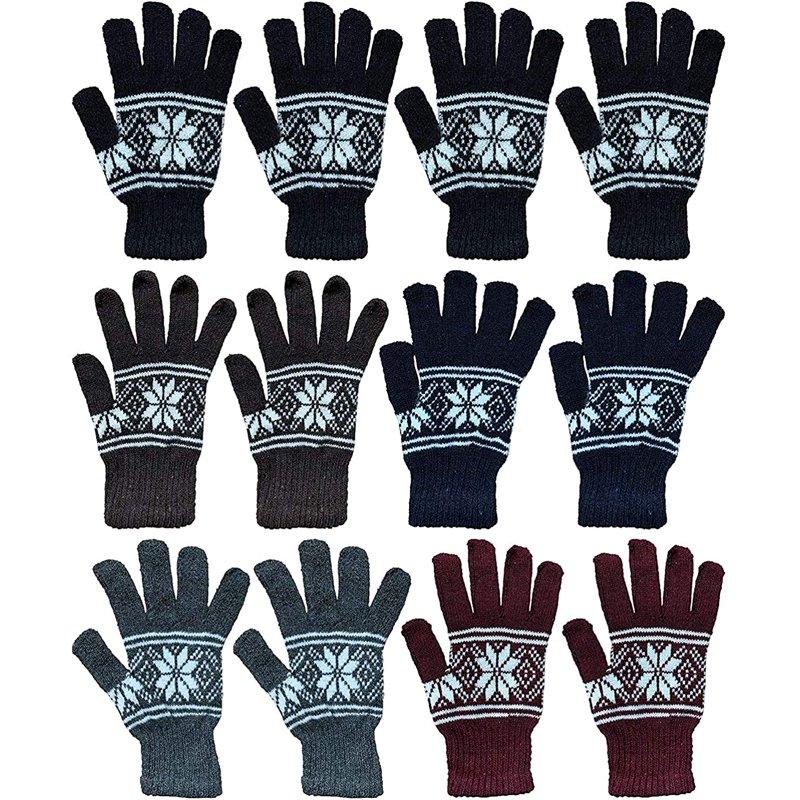 Yacht & Smith 12 Pairs of Winter Gloves Mens and Womens - Thermal Knit Stretchy Fuzzy Bulk Glove Colors (MENS SNOW PRINT)