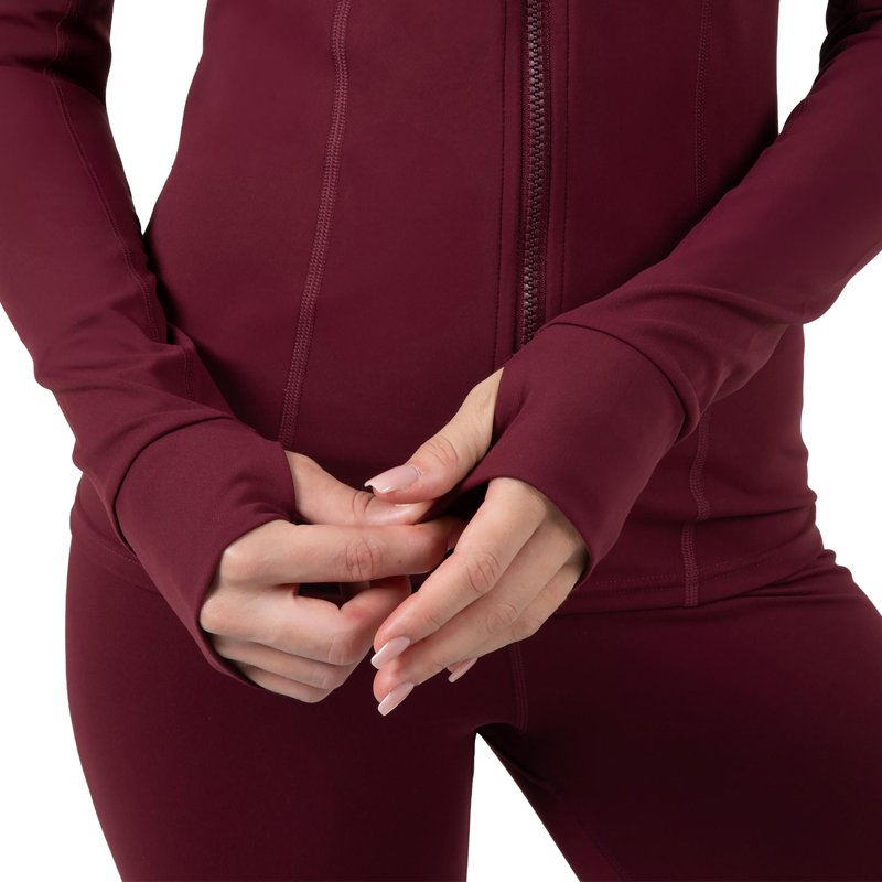 Yitty Active Women's Ultraluxe Full Lenght Full Zip Jacket Athleisure 4-Way-Stretch Thumbholes Burgundy S