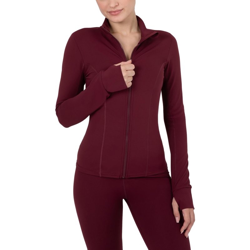 Yitty Active Women's Ultraluxe Full Lenght Full Zip Jacket Athleisure 4-Way-Stretch Thumbholes Burgundy S