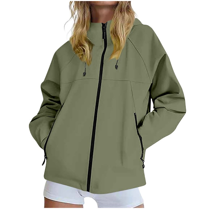 YOTAMI Fall Hiking Jacket for Women Plus Size Waterproof Outerwear Hooded Coats with Pocket Long Sleeve Solid Color Zipper Clothes Army Green L