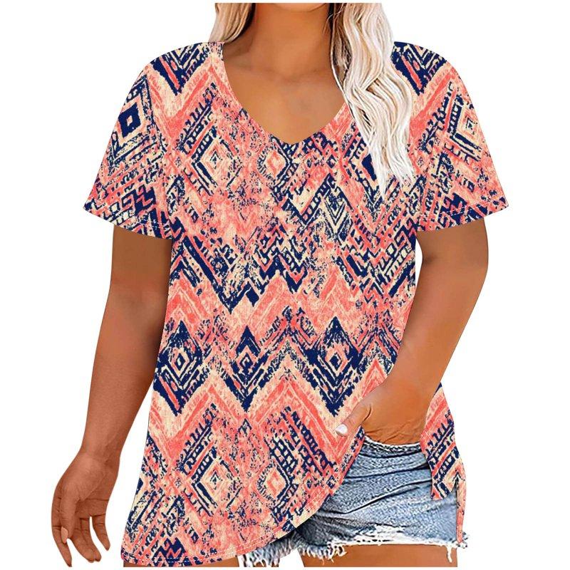 YOTAMI Short Sleeve Shirts For Women Plus Size Clothes V-Neck Summer Casual Blouses Floral Print Loose T-Shirts Orange